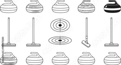 Curling sport equipment line vector set, curling stones brooms and target house illustrations collection for winter sports training and competition design isolated on white background