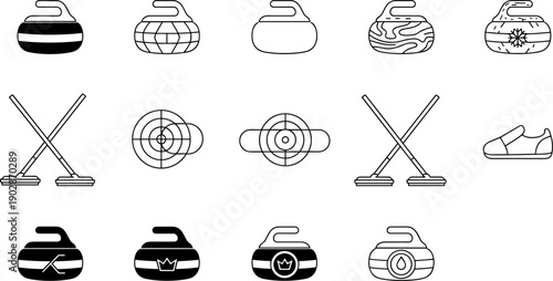 Curling sport equipment outline vector set, curling stones brooms and target house icons for winter sports training and competition design isolated on white background
