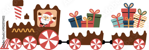 Cute Christmas chocolate train with Santa Claus carrying colorful gift boxes, festive sweets, and candy decorations for joyful holiday celebration illustration