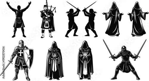 Medieval warrior silhouettes vector set with knights swords cloaked figures bagpiper fantasy fighters battle scene illustration isolated