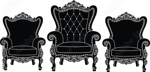 Ornate baroque armchair throne silhouettes vector set with luxury vintage furniture royal classic interior decor illustration isolated collection