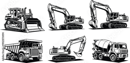 Black and white construction heavy equipment set bulldozer excavators dump truck cement mixer vector illustration isolated industrial machinery collection detailed