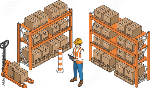 Warehouse storage racks with boxes forklift and worker inventory management logistics distribution industrial vector illustration isolated scene