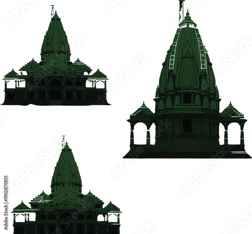 Traditional Hindu temple architecture silhouette set Indian heritage mandir vector illustration isolated historic religious monument detailed cultural building