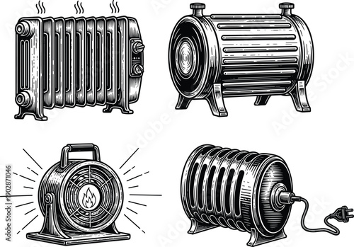 Vintage electric and oil heaters collection, retro home heating appliances set, engraved monochrome equipment illustrations isolated on white background