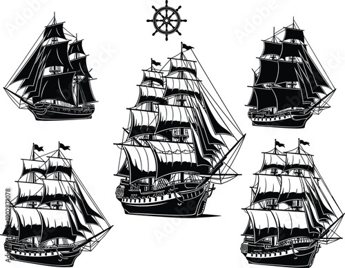 Vintage sailing ship silhouettes set pirate galleon tall ships nautical maritime vector illustration black classic sea adventure fleet