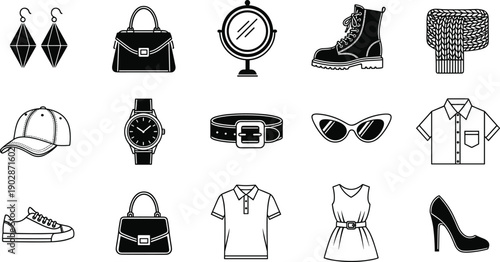 Fashion accessories and clothing line icons set including bags shoes watch sunglasses hat dress shirt belt scarf vector