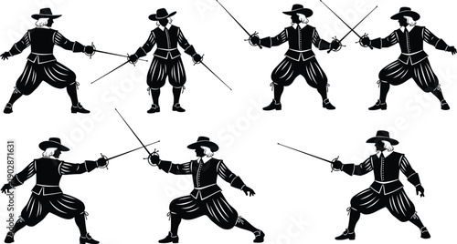 Fencer silhouettes with rapiers in historical duel poses, sword fighting action stances, vintage musketeer vector illustration set