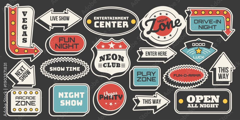 Obraz premium Retro entertainment roadside sticker set. Vintage arrows, badges and signage with fun, club, arcade and show themes. Vector illustration in midcentury 50s style