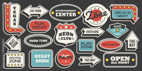 Retro entertainment roadside sticker set. Vintage arrows, badges and signage with fun, club, arcade and show themes. Vector illustration  in midcentury 50s style