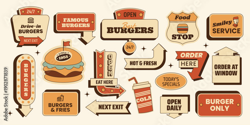 Retro burger sticker roadsign set with fast food, signs, arrows and badges. Street food elements for menus, branding, posters. Vector illustration in vintage mid century 50s style