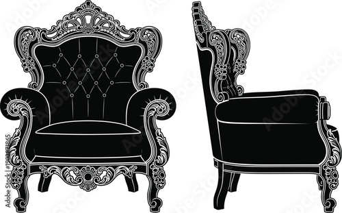 Ornate royal armchair vintage baroque furniture vector set with luxury throne кресло classic interior decoration silhouette illustration isolated