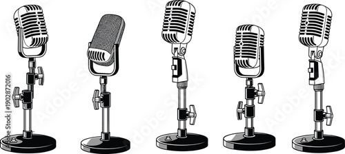 Vintage retro studio microphones vector set with classic radio podcast broadcast recording equipment line art illustration isolated collection
