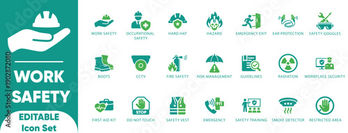 Work safety editable solid icon set.ear protection,workplace security,CCTV,regulation,safety training,and vector.