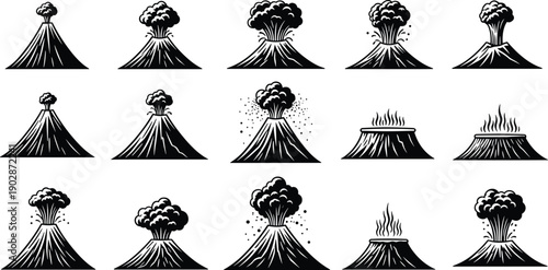 Volcano eruption silhouettes with lava smoke ash explosions crater mountain geology disaster nature hazard isolated vector icon collection