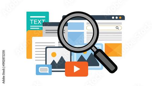 Magnifying glass searching through various digital content, including web pages, documents, images, and videos.