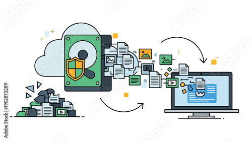 Cloud data backup and recovery process with secure digital storage and file transfer to a computer.