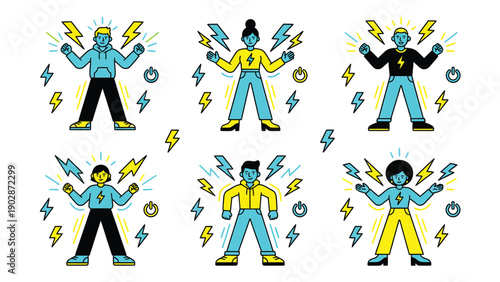 Diverse individuals charged with electric energy and power symbols, vector illustration set