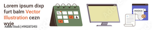Productivity, finance management, business organization, invoicing, planning tools, virtual systems. A calendar, computer monitor invoice document and financial paperwork. Productivity and finance