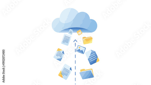 Digital files and folders uploading to a cloud storage system, representing data synchronization and backup.