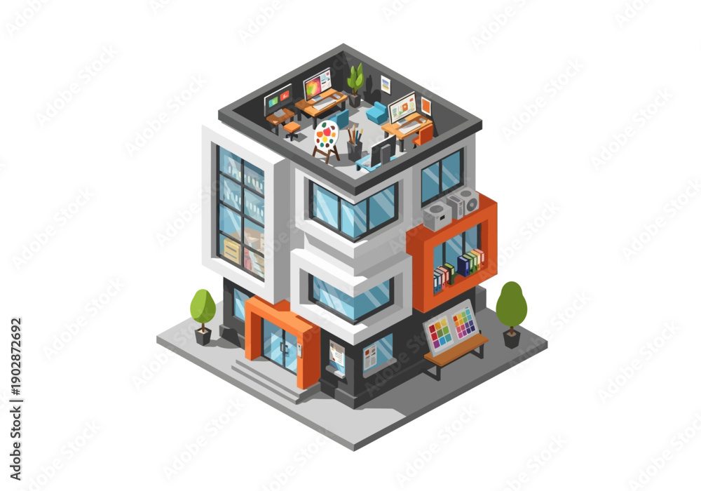 Obraz premium Isometric illustration of a vibrant multi-story building housing a modern creative design studio with artists and tech professionals working.