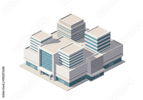 Isometric illustration: modern urban business complex. Sleek multi-story architecture with glass facades and towers, isolated.