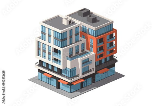 Isometric illustration of a contemporary urban residential and commercial building with shops on ground floor, modern city architecture concept.