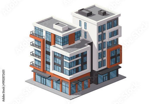 Isometric vector illustration depicting a contemporary multi-story building for urban residential and commercial use, with balconies.