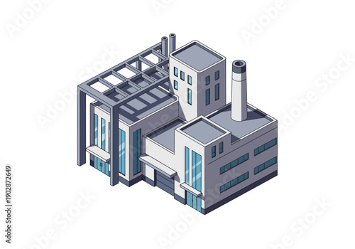 Isometric illustration of a modern industrial factory building with a clean design, featuring a smokestack and structural elements.