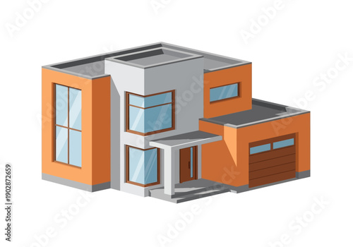 Isometric illustration of a modern residential house with a garage. Contemporary architectural design for home and property graphics.