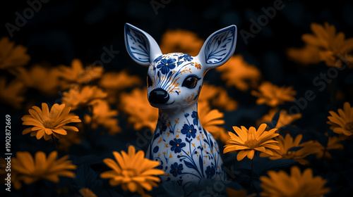 Surreal ceramic deer statue floral pattern yellow flower dark garden night fantasy art concept