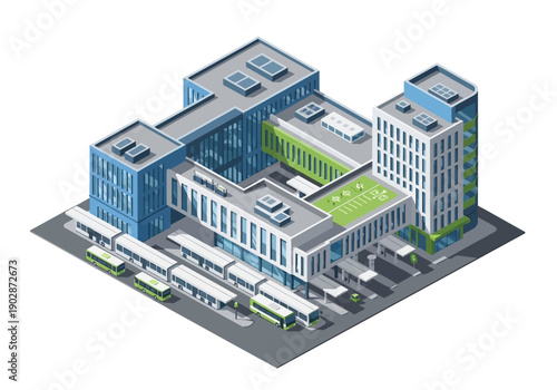 Isometric illustration of a modern urban transport hub with sustainable architecture and public bus station.