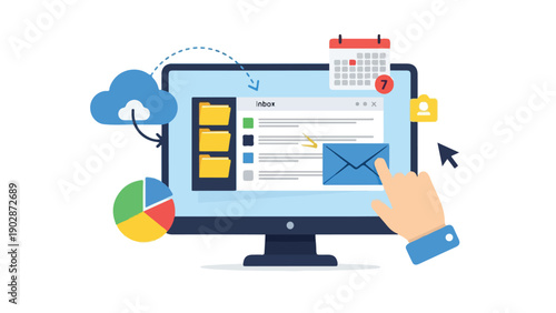 Digital communication and office productivity concept with computer screen showing email inbox, cloud storage, calendar, and data analysis.
