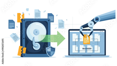 Robotic arm recovering lost data from a damaged hard drive to a laptop, illustrating digital file restoration.