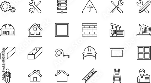 Construction and architecture outline icon set building tools materials engineering real estate development isolated vector collection symbols illustration