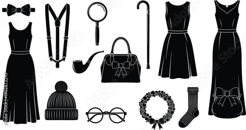 Fashion accessories and clothing silhouettes collection with dresses bag glasses hat pipe cane socks black vector icon set