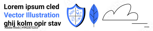 Cybersecurity, environmental care, cloud computing, data protection, digital technology, design . Shield with icons, leaf and cloud outline. Cybersecurity and environmental care concept