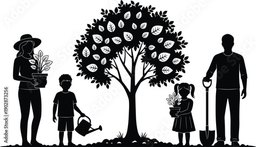 Family gardening silhouettes planting tree together, parents and children caring for nature, eco friendly environment conservation vector illustration