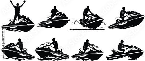 Jet ski rider silhouettes performing water sport stunts, personal watercraft adventure action vector collection isolated on white background