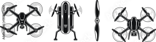 Silhouette illustration of drones and propeller components, multiple quadcopter designs with mounted camera, black and white vector artwork, technical aviation graphic