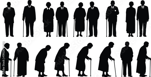 Silhouette illustration of elderly individuals standing and stooped with canes, progression of aging and posture decline, black and white vector artwork, gerontology and mobility themed design