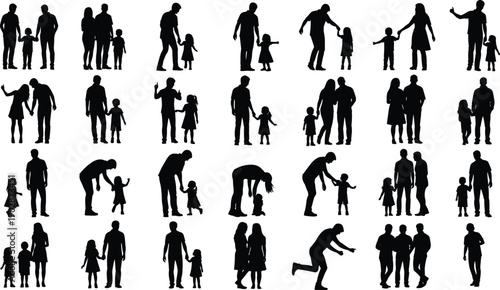 Silhouette illustration of family interactions, adults and children bonding through walking, playing and talking, black and white vector artwork, parenting and care themed design