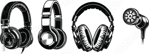 Silhouette illustration of headphones and earphones, four audio devices including three over-ear designs and one in-ear style, black and white vector artwork, music and sound themed design