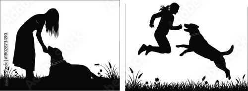 Silhouette illustration of human and dog interaction, calm bonding moment and playful jumping scene, black and white vector artwork, outdoor nature design