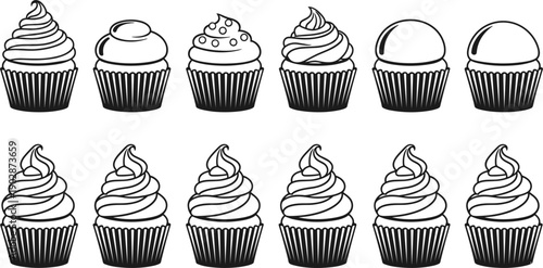 Cupcake icons set with various frosting styles hand drawn outline dessert vector illustration for bakery menu branding