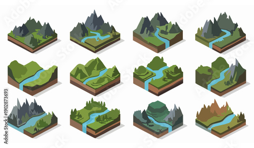 Isometric mountain valley scenes vector pack terrain river landscape isolated on transparent background