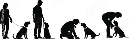 Silhouette illustration of twelve dogs in diverse poses, standing, sitting, lying, walking, running and jumping stances, black and white vector artwork, canine posture design