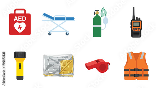 Essential Emergency and Survival Equipment Flat Icons Set for First Aid, Rescue, and Disaster Preparedness