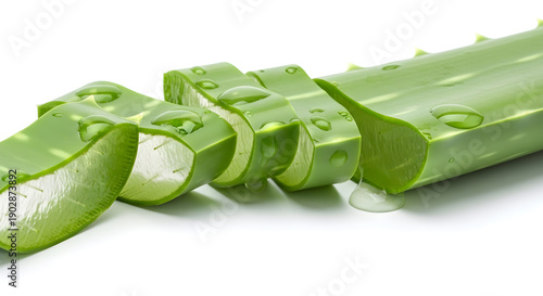 Close-up of sliced, fresh aloe vera plant, showing succulent leaves and water droplets