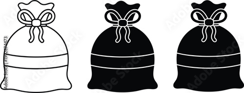 Gift bag icons set with tied ribbon sack shapes outline and solid styles minimal vector illustration for packaging design branding